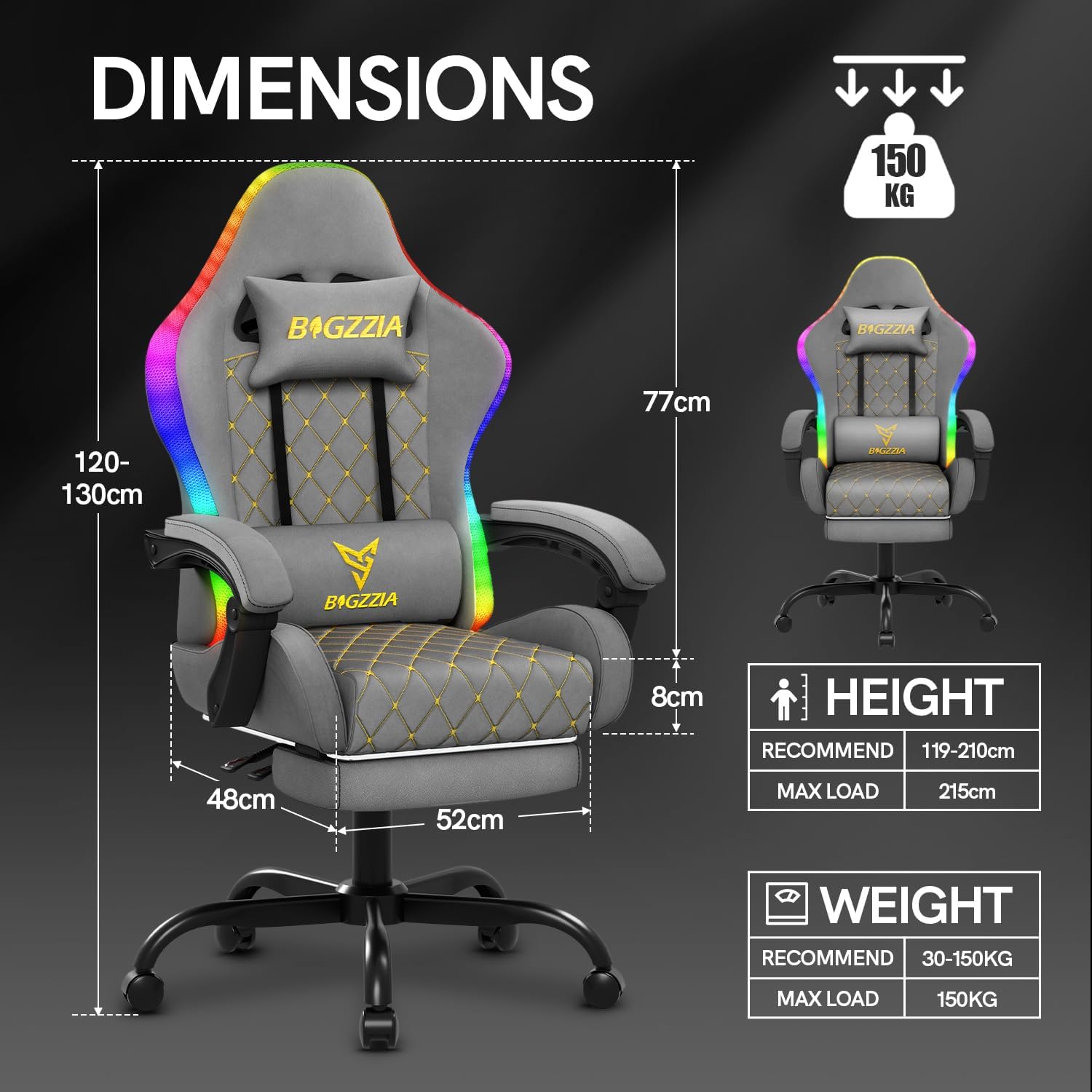 Gaming Chairs - bigzzia Gaming Chair with RGB LED, Ergonomic Gaming Chair with Lumbar Support and Footrest, Adjustable and Rotating Gamer Chair Made of PU Leather, 150 kg, Grey – Bild 3