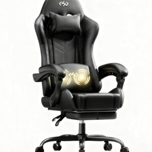 Gaming Chairs – Gaming Chair with Massage Function, Ergonomic Gamer Chair, Racing Gaming Chair with Footrest, Headrest and Massage Lumbar Cushion, Padded PC Chair, 150 kg Load Capacity, Black