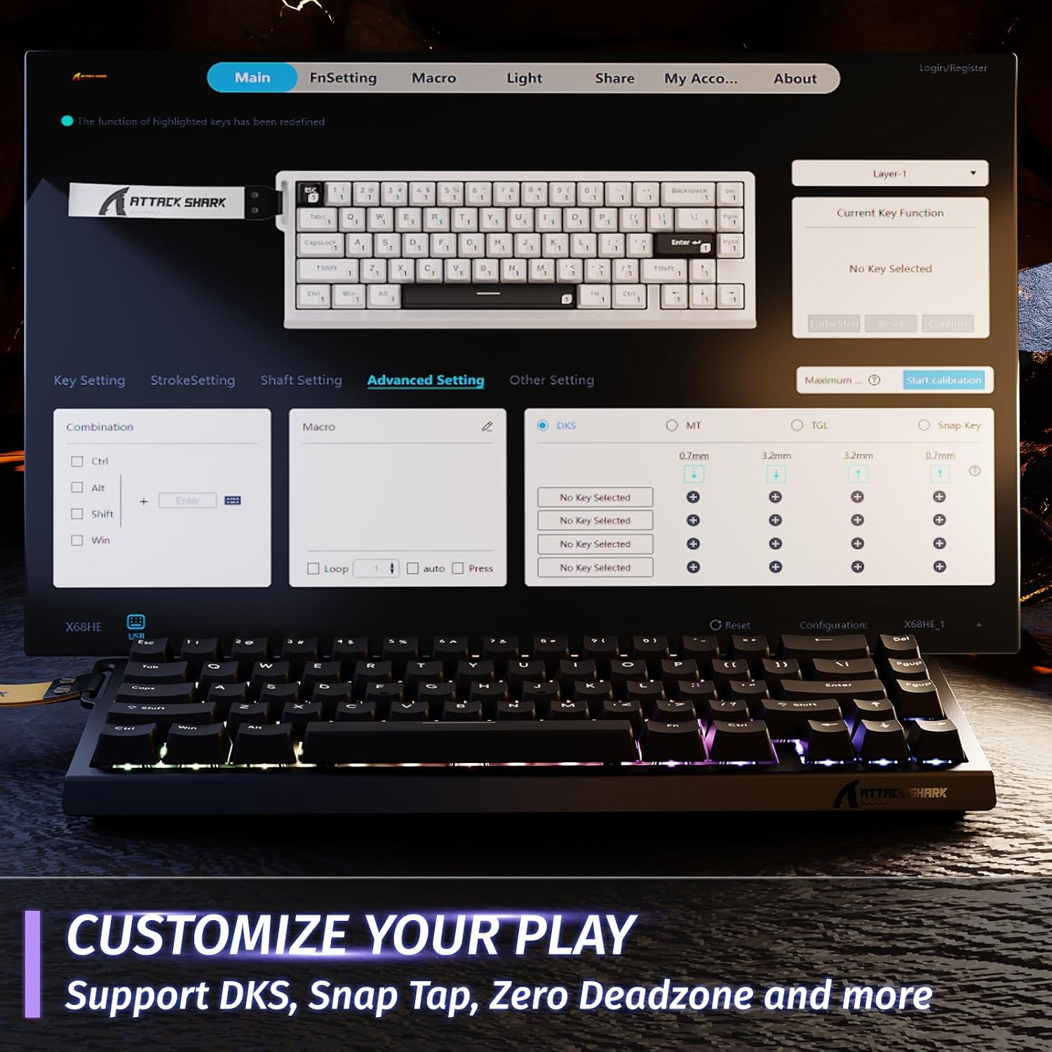 Gaming Tastatur & Maus - ATTACK SHARK X68 HE 8000Hz Rapid Trigger Keyboard, 0.01 mm RT Accuracy, Wired RGB 60% Gaming Keyboard with Magnetic Switches, Adjustable Actuation, Snap Tap, for PC/Mac, Black – Bild 6