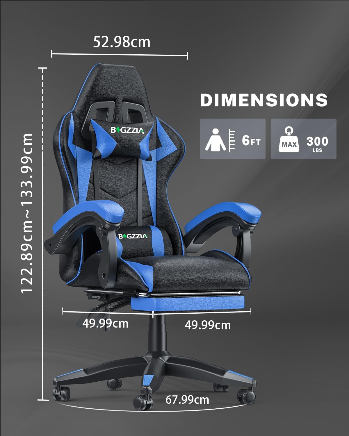 Gaming Chairs - bigzzia Gaming Chair Footrest, Gamer Chairs Ergonomic with Lumbar Cushion + Headrest, Height-Adjustable Office and Computer Chair for Adults, Girls, Boys (Blue) – Bild 3