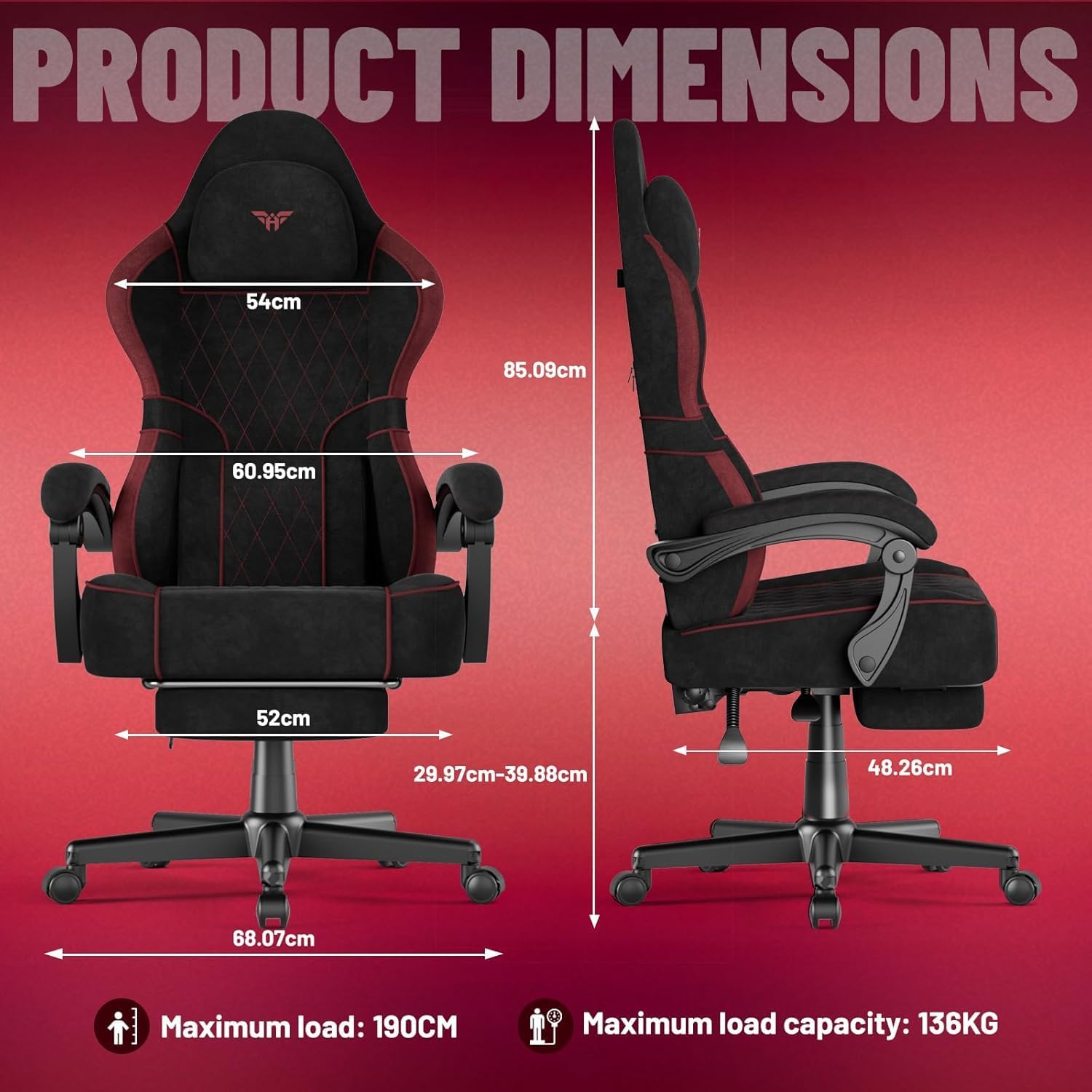 Gaming Chairs - Soontrans Gaming Chair with Massage Lumbar Support, Padded Gaming Chair, Ergonomic Gaming Chair with Footrest, Velvet, 90-160° Backrest Adjustable Gaming Chair (Black and Red) – Bild 2
