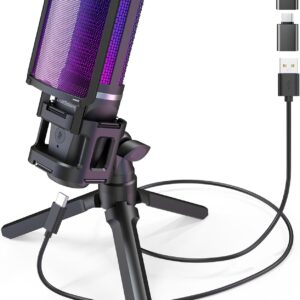 Streaming-Equipment – zealsound Gaming USB Microphone PC, for Streaming Podcast Studio, for PS4 PS5 Mac Mobile Phone, with Type-C Adapter, RGB Control, Mute Button, Tripod, Pop Filter & Shockmount, Headphone Jack