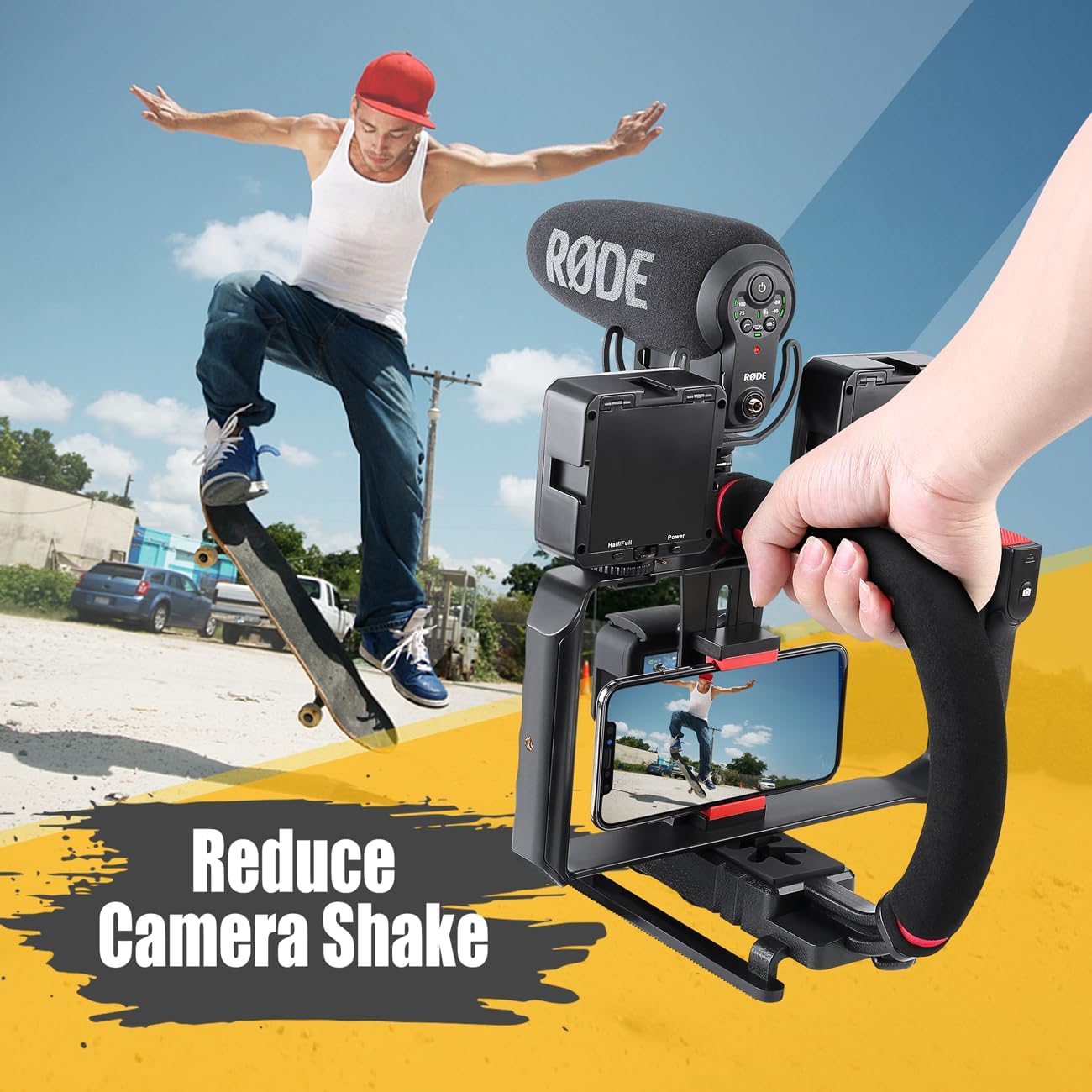 Streaming-Equipment - Zeadio Triple Hot-Shoe Mounts Video Action Stabilizing Handle Grip Handheld Stabilizer with Hot-Shoe Mount for Canon Nikon Sony Panasonic Pentax Olympus DSLR Camera Camcorder – Bild 2