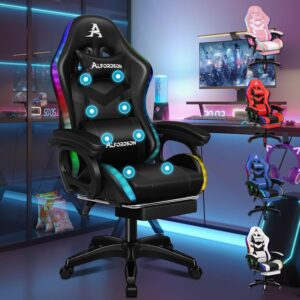 Gaming Chairs – ALFORDSON Racing Gaming Chair, Massage Gamer Chair with 12 LED Colours, RGB Lighting, Ergonomic Chair with Lumbar Support, Deck Chair with Footrest, PU Leather, Black