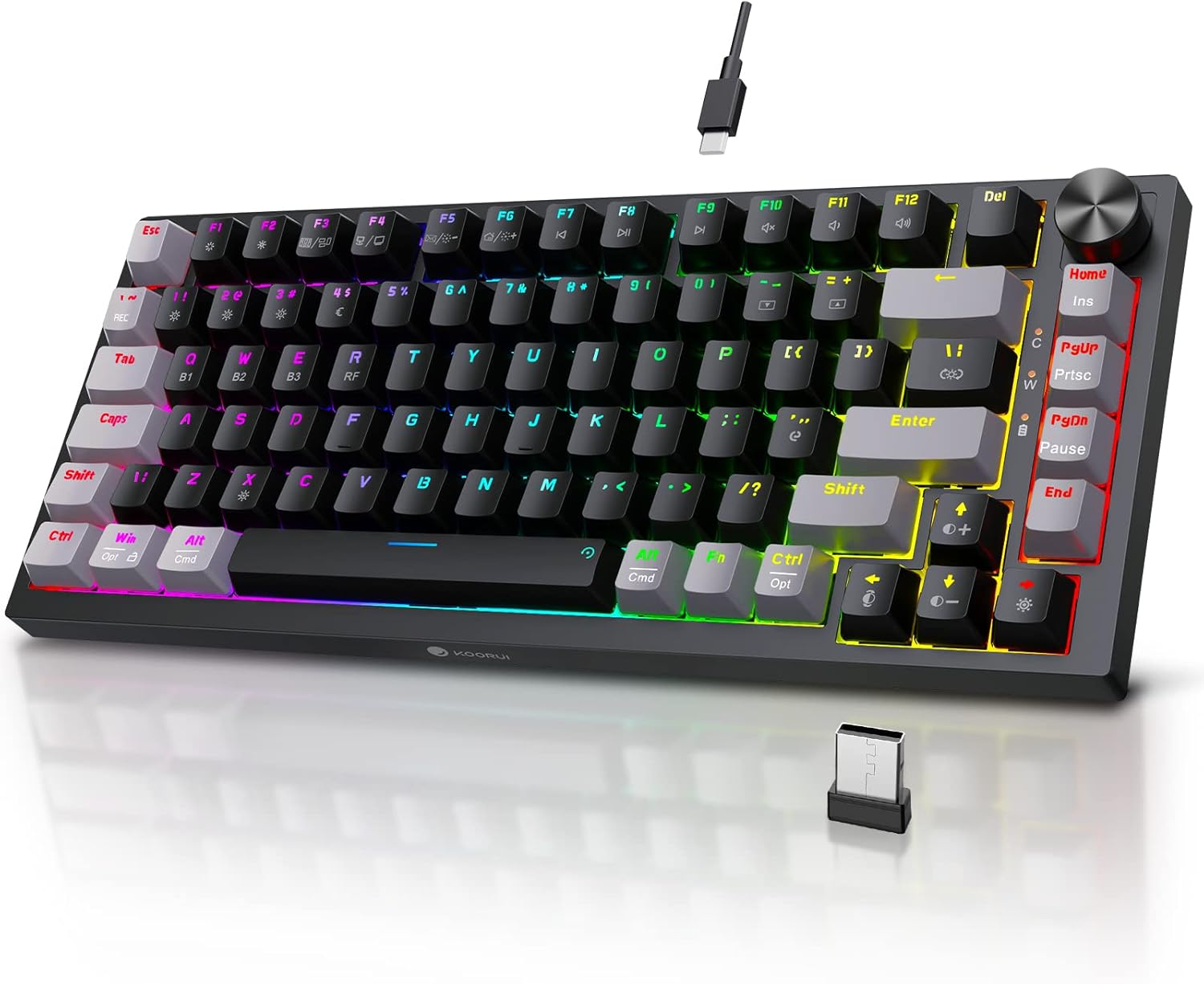 Gaming Tastatur & Maus - KOORUI Gaming Keyboards, 26 RGB Backlit Mechanical Keyboard Wireless/Wired Compatible Bluetooth 82 Keys Rechargeable 4000mAh Battery UK Layout with Red Switch