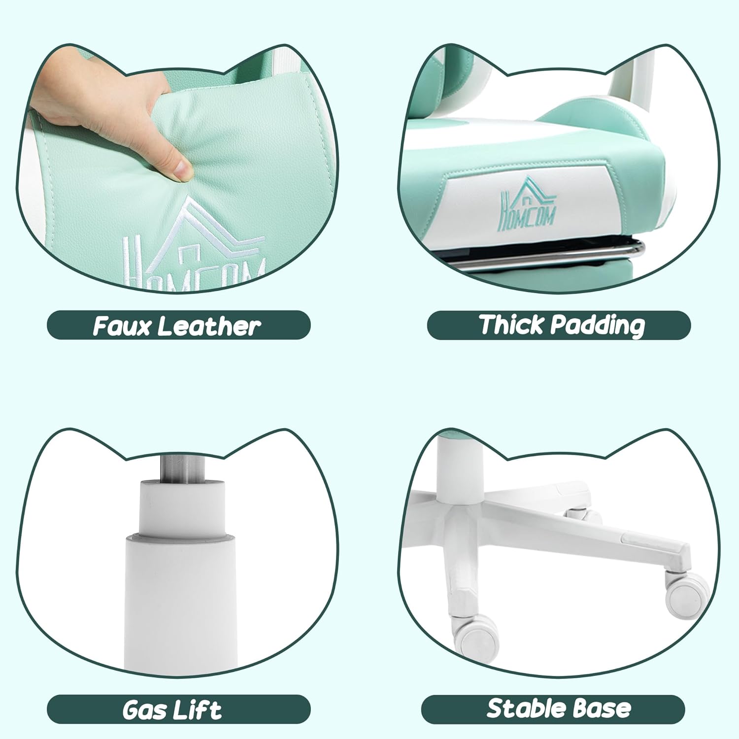 Gaming Chairs - HOMCOM Gaming Chair, Ergonomic Gamer Chair with Lumbar Support, Footrest, Gaming Chair with Cat Ears, Pillow, Height Adjustable Office Chair with Reclining Function, Faux Leather, Lake Blue – Bild 8