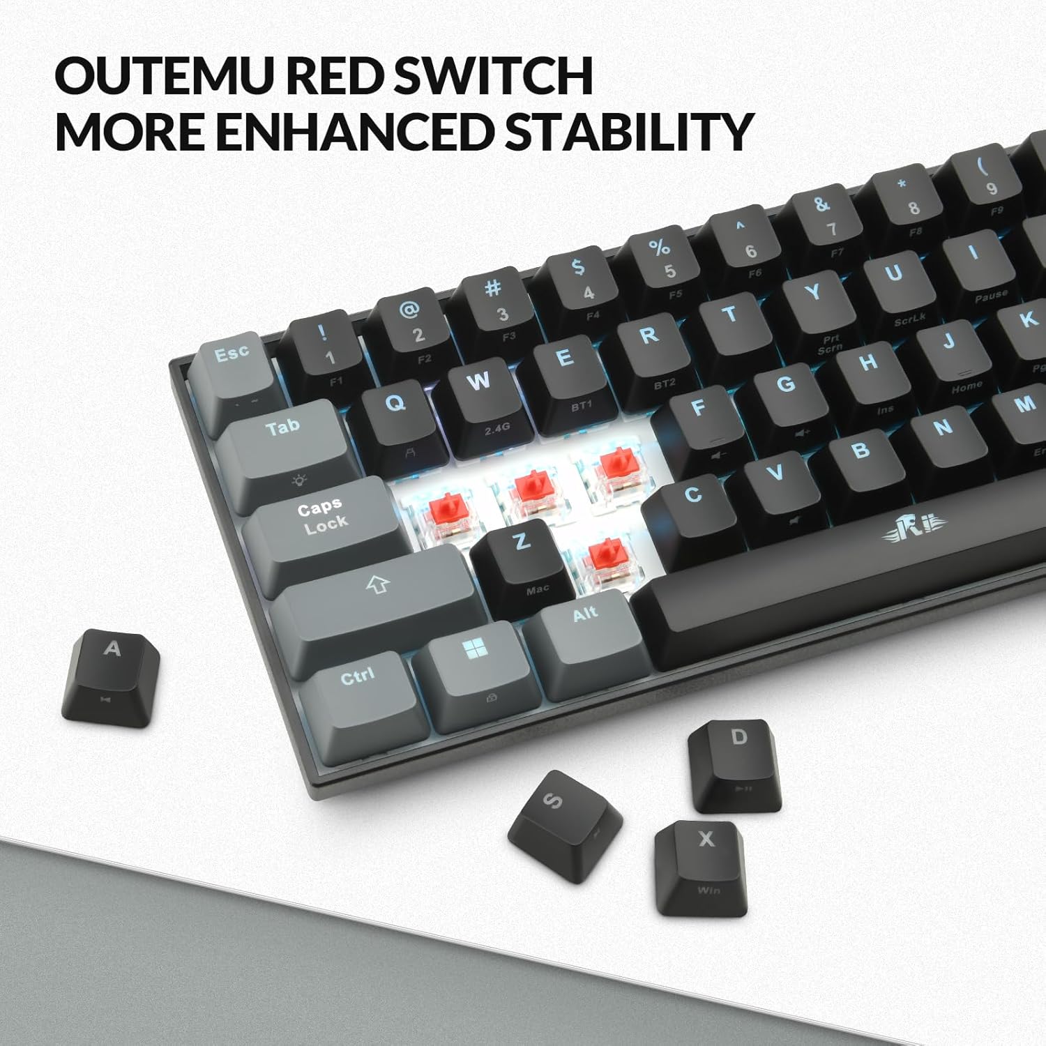 Gaming Tastatur & Maus - Rii Gaming Keyboard, 60% Mechanical Gaming Keyboard, Rechargeable RGB Keyboard with Bluetooth/Wired USB-C/2.4GHz, Linear Red Switch, PBT Keycaps, QMK/VIA for – Bild 7