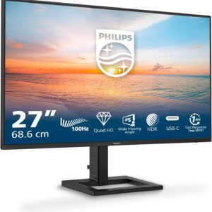 Gaming PC & Laptops – PHILIPS 27E1N1600AM – 27 Inch Quad HD Monitor, Speaker, Height-Adjustable (2560 x 1440, 100 Hz, 1 x HDMI 1.4, 1 x USB-C (65 W PD), USB Hub) Black