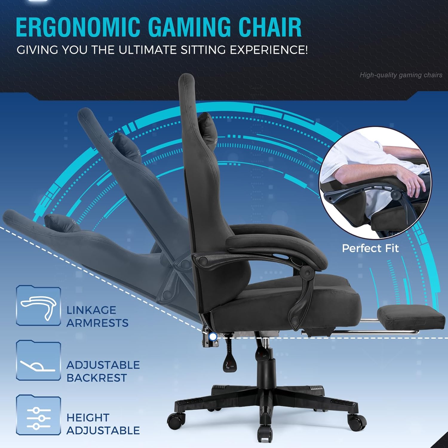 Gaming Chairs - GTPLAYER Gaming Chair, Breathable Office Chair, Ergonomic Office Chair, High-Quality Fabric, Ergonomic PC Chair, 160° Adjustable Backrest and Extendable Footrest, Grey – Bild 9