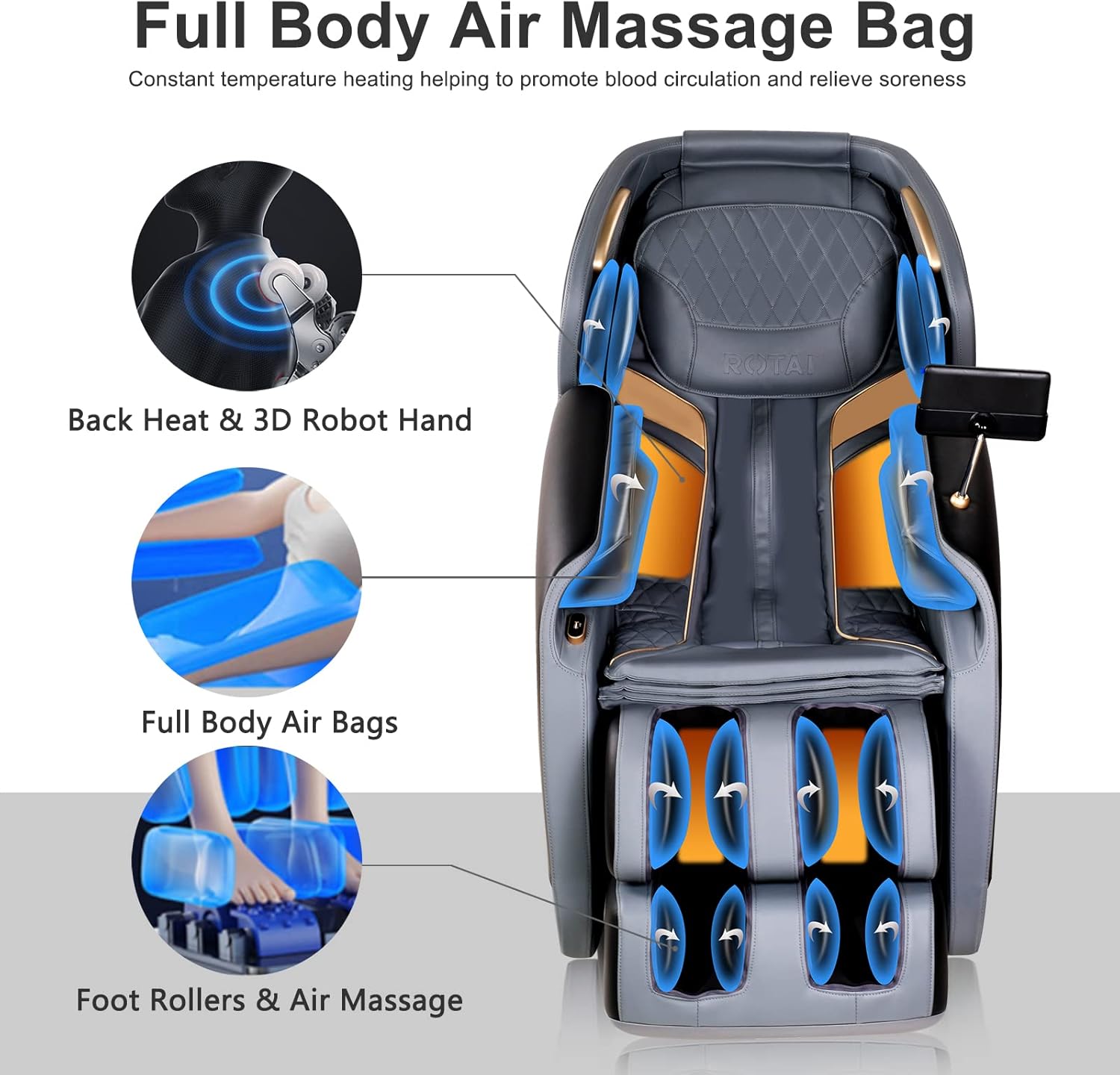 Gaming Chairs - ROTAI Massage Chair, Full Body Zero Gravity SL Track Shiatsu Massage Chair with Heating, Bluetooth, Foot Roller, Calf Kneading Massage (Black) – Bild 5