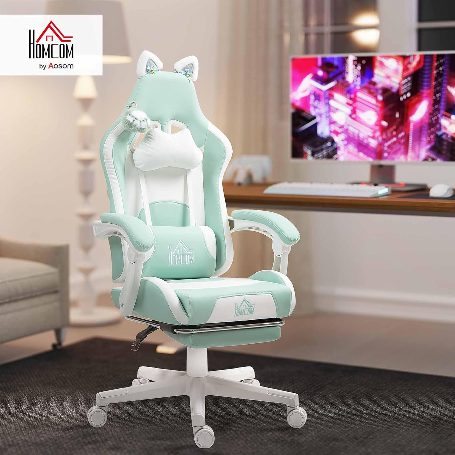 Gaming Chairs - HOMCOM Gaming Chair, Ergonomic Gamer Chair with Lumbar Support, Footrest, Gaming Chair with Cat Ears, Pillow, Height Adjustable Office Chair with Reclining Function, Faux Leather, Lake Blue – Bild 2