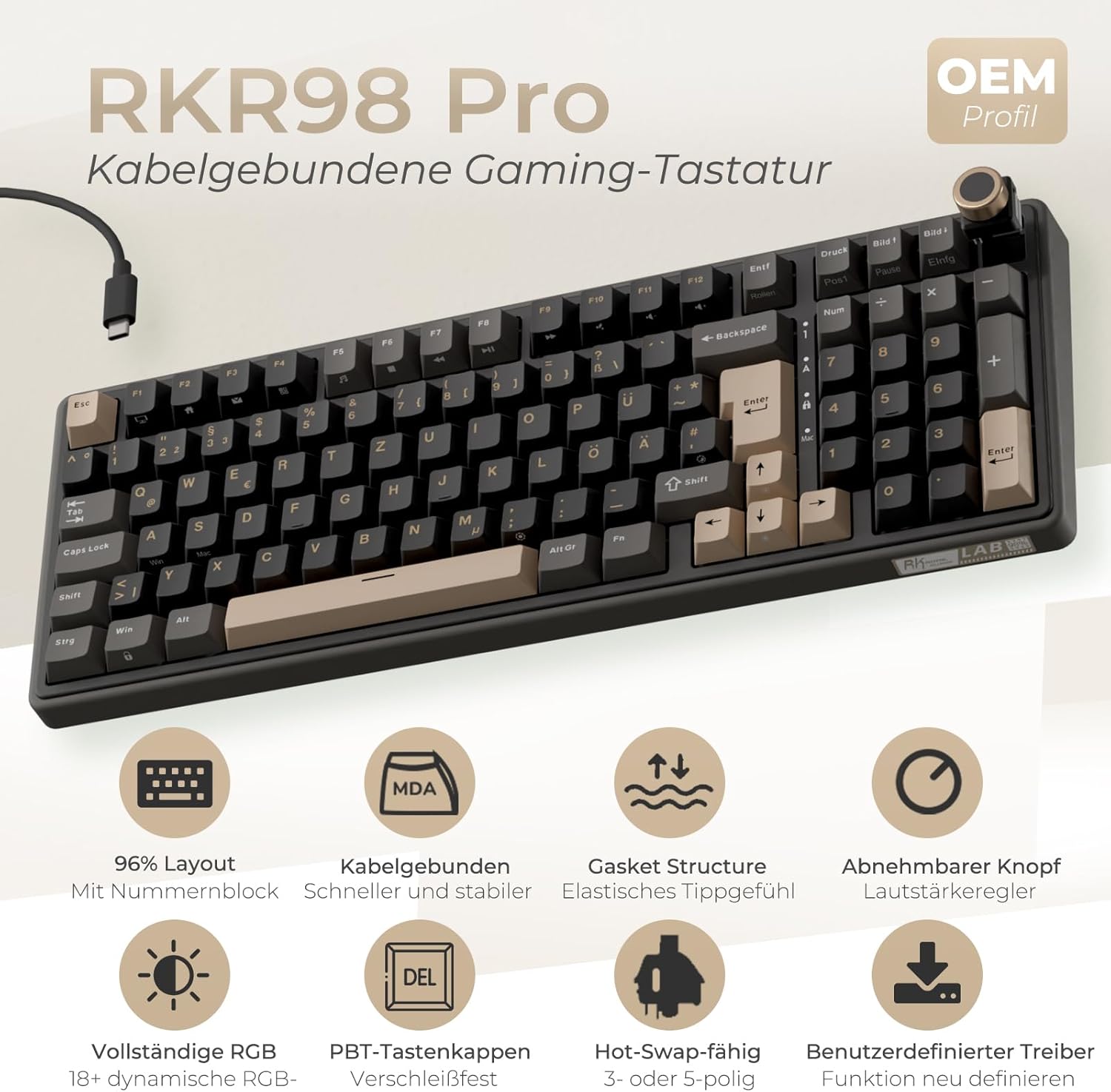 Gaming Tastatur & Maus - RK ROYAL KLUDGE R98 Pro Mechanical Keyboard Cable, 96% Gasket Gaming Keyboard QWERTZ RGB with Numeric Pad and Button, PBT Keycaps, Hot Swap Linear Creamy Switches – Bild 2