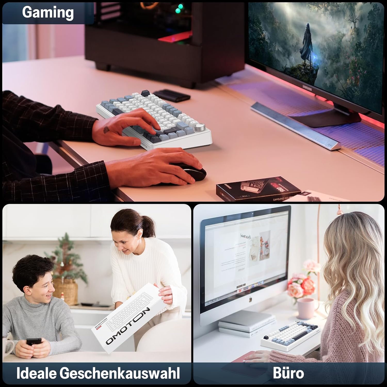 Gaming Tastatur & Maus - OMOTON Mechanical Keyboard Gaming Gasket QWERTZ ISO-DE Layout, Hot-Swap Wireless Gamer Keyboard 75% RGB with Five Layer Attenuation & Button, Bluetooth/2.4G/USB-C, Creamy Linear Switch, MK211 – Bild 8