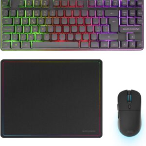 Gaming Tastatur & Maus – Mars Gaming MCPWTKL, Wireless Gaming Combo, DualPro Link 2.4GPRO Technology, TKL FRGB Rainbow Keyboard + RGB 3200DPI Mouse HUANO Switches + Non-Slip 360 x 260 mm Mouse Mat, Black, Portuguese