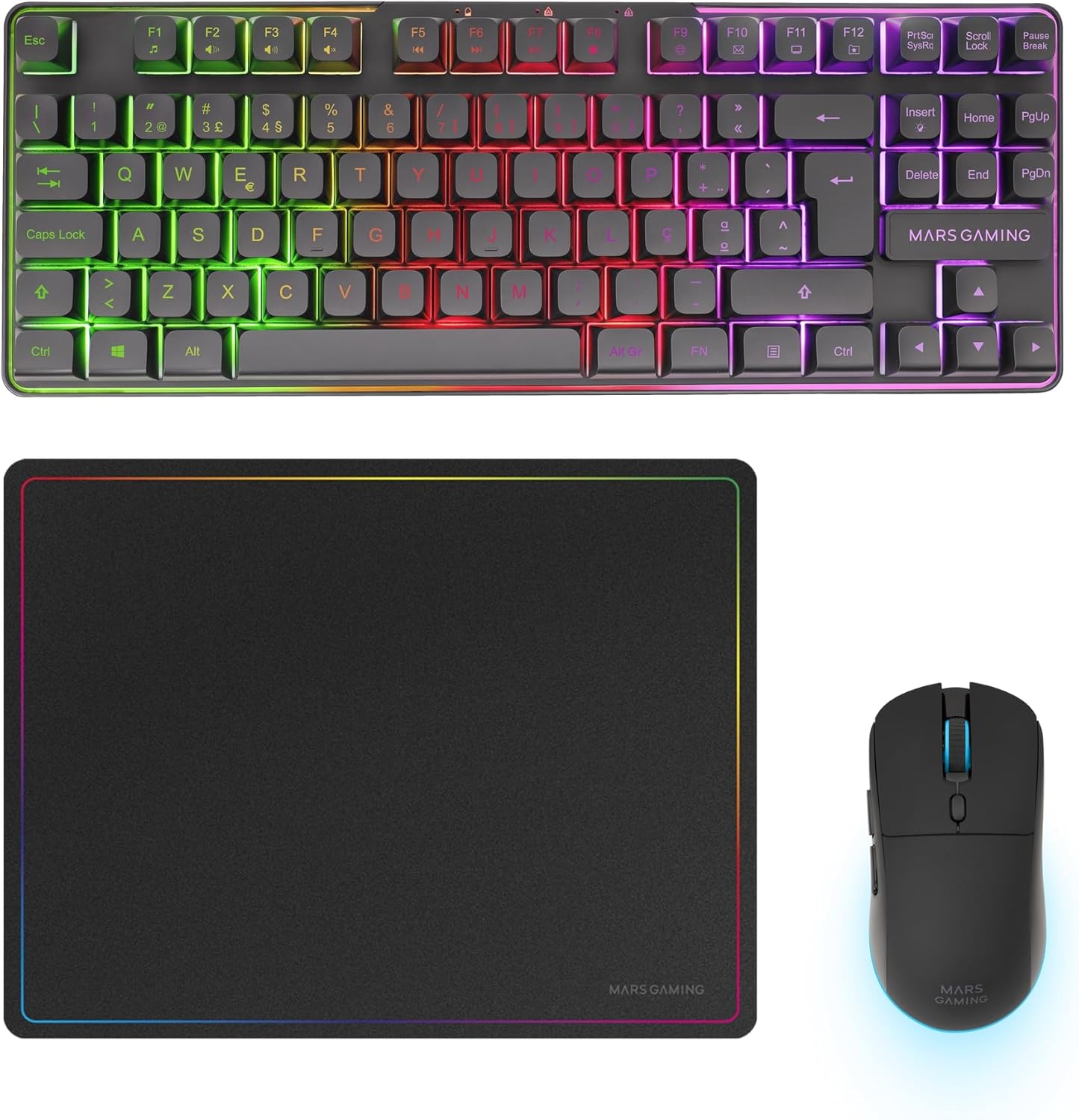 Gaming Tastatur & Maus - Mars Gaming MCPWTKL, Wireless Gaming Combo, DualPro Link 2.4GPRO Technology, TKL FRGB Rainbow Keyboard + RGB 3200DPI Mouse HUANO Switches + Non-Slip 360 x 260 mm Mouse Mat, Black, Portuguese