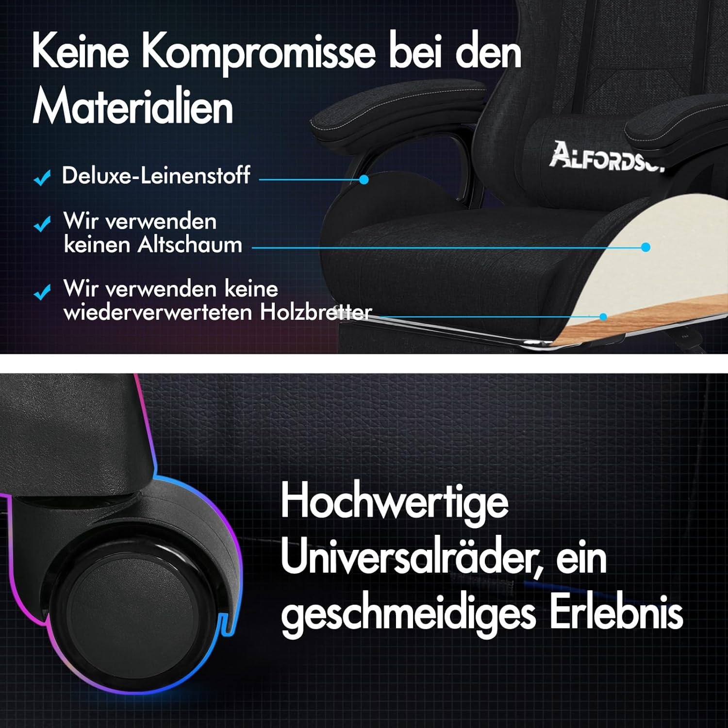 Gaming Chairs - ALFORDSON Massage Gamer Chair, Computer Office Chair with Footrest, 2-Point Massage Chair, 180 kg Load Capacity, 90-150° Backrest Adjustable, Ergonomic PC Chair, 360° Rotatable, Linen Fabric, Black – Bild 5