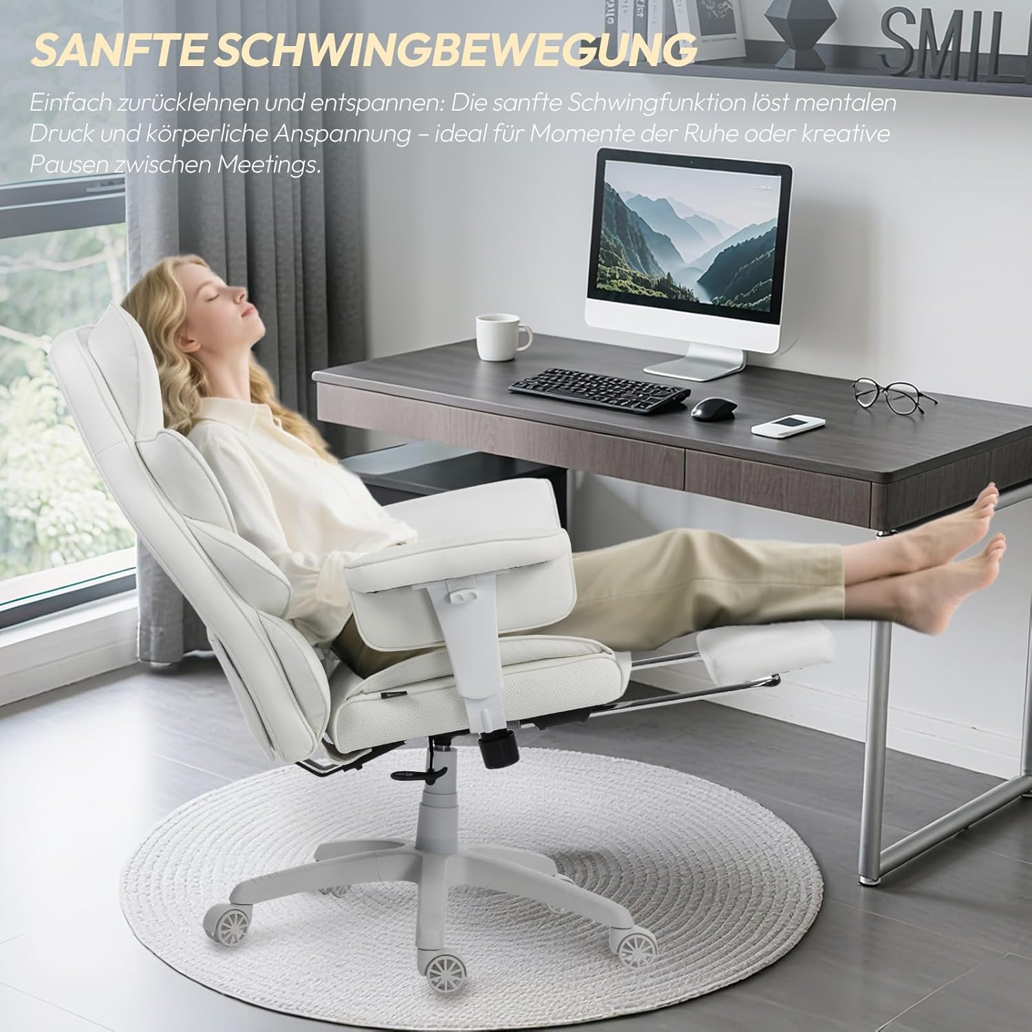 Gaming Chairs - Dowinx Gaming Chair, Office Chair Ergonomic with Pocket Spring Cushion, Executive Chair with Double Layer Soft Backrest and Adjustable Lumbar Cushion, Armrests and Footrest, PC Chair (PU, White) – Bild 7