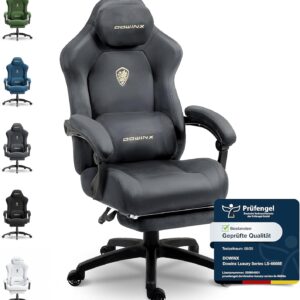 Gaming Chairs – Dowinx Ergonomic Gaming Chair with Adjustable Massage Lumbar Cushion, Microfibre Velour, Thick Seat Padding, Extendable Footrest, Adjustable Armrests, 160° Tilt, Light Grey
