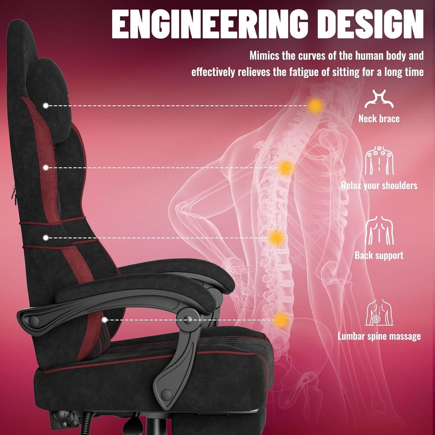 Gaming Chairs - Soontrans Gaming Chair with Massage Lumbar Support, Padded Gaming Chair, Ergonomic Gaming Chair with Footrest, Velvet, 90-160° Backrest Adjustable Gaming Chair (Black and Red) – Bild 7