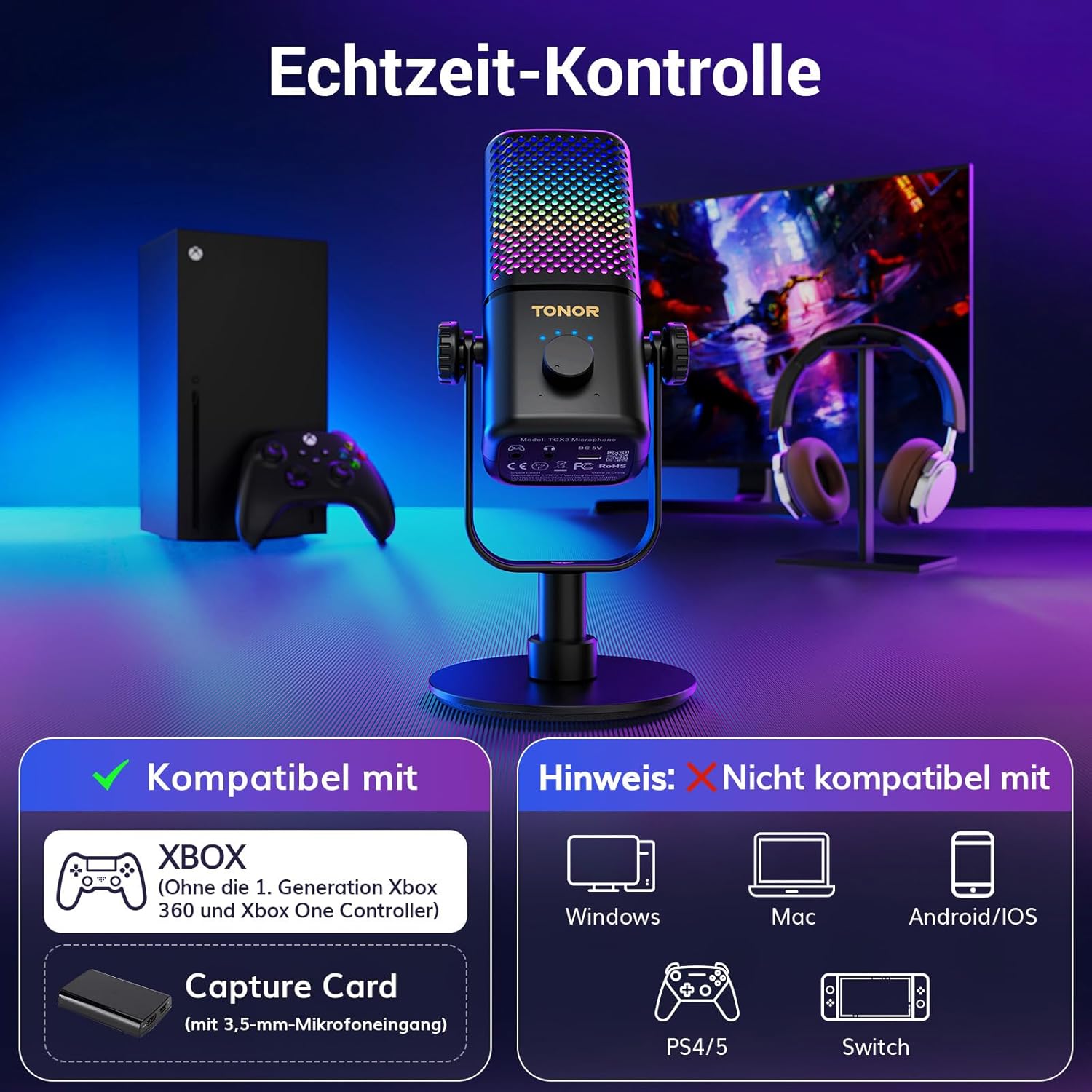 Streaming-Equipment - TONOR Gaming Microphone Compatible with Xbox, Condenser Microphone with RGB, Mute/GAIN Control/Monitoring, 30 Hours Battery Life Microphone for Streaming/Podcasting, Compatible with Capture Cards, – Bild 2