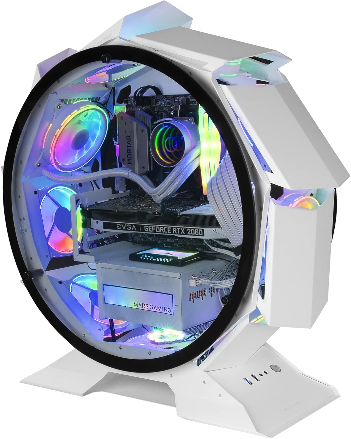 Gaming PC & Laptops - Mars Gaming MCORB microATX XL Gaming PC Case, White, Custom Round Design, Tempered Double Glass, MCORBW