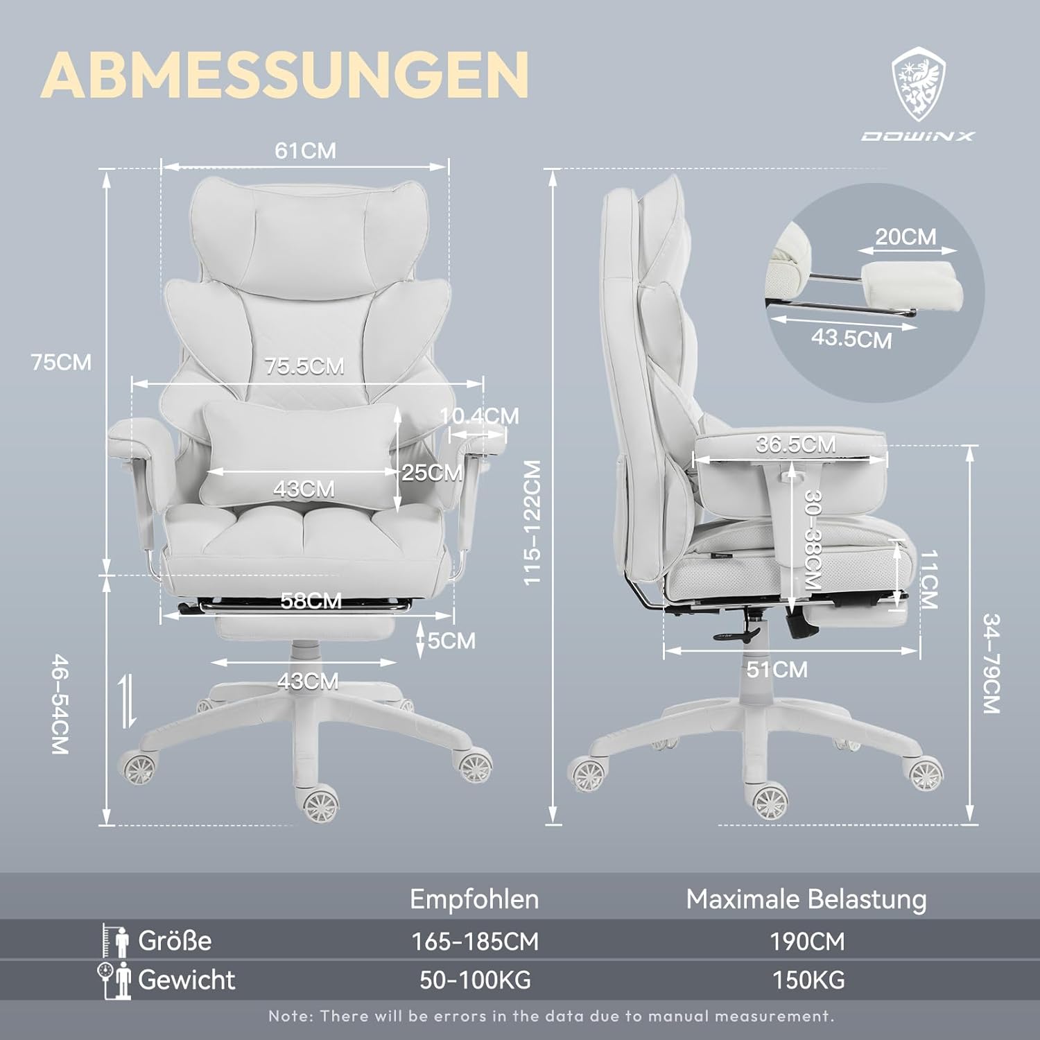 Gaming Chairs - Dowinx Gaming Chair, Office Chair Ergonomic with Pocket Spring Cushion, Executive Chair with Double Layer Soft Backrest and Adjustable Lumbar Cushion, Armrests and Footrest, PC Chair (PU, White) – Bild 2