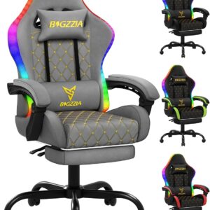Gaming Chairs – bigzzia Gaming Chair with RGB LED, Ergonomic Gaming Chair with Lumbar Support and Footrest, Adjustable and Rotating Gamer Chair Made of PU Leather, 150 kg, Grey
