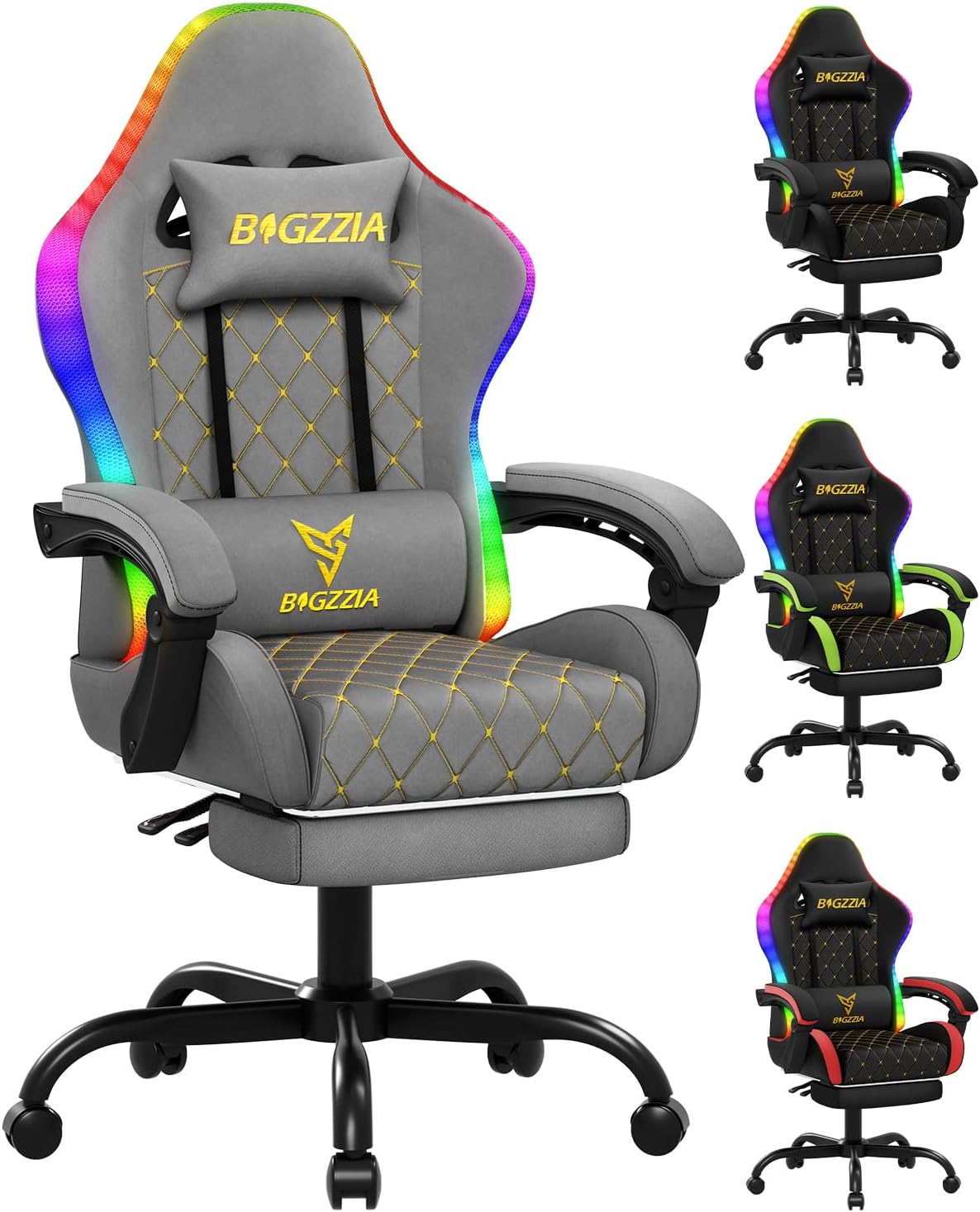 Gaming Chairs - bigzzia Gaming Chair with RGB LED, Ergonomic Gaming Chair with Lumbar Support and Footrest, Adjustable and Rotating Gamer Chair Made of PU Leather, 150 kg, Grey