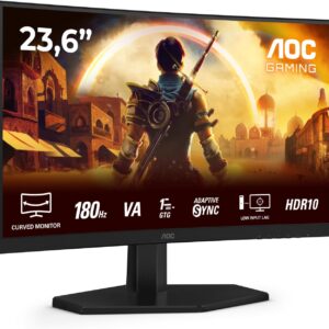 Gaming PC & Gaming Monitors – AOC Gaming C24G42E – 24 Inch Full HD Curved Monitor, 180 Hz, 1 ms, FreeSync Premium (1920 x 1080, 1 x HDMI 2.0, 1 x DisplayPort 1.4) Black/Red