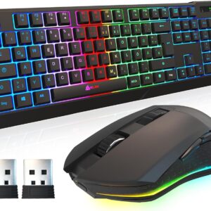 Gaming Tastatur & Maus – KLIM Blaze & Chroma Wireless QWERTZ Keyboard Mouse Set Flat Ergonomic Mouse Keyboard for PC Built-In Long Life Battery