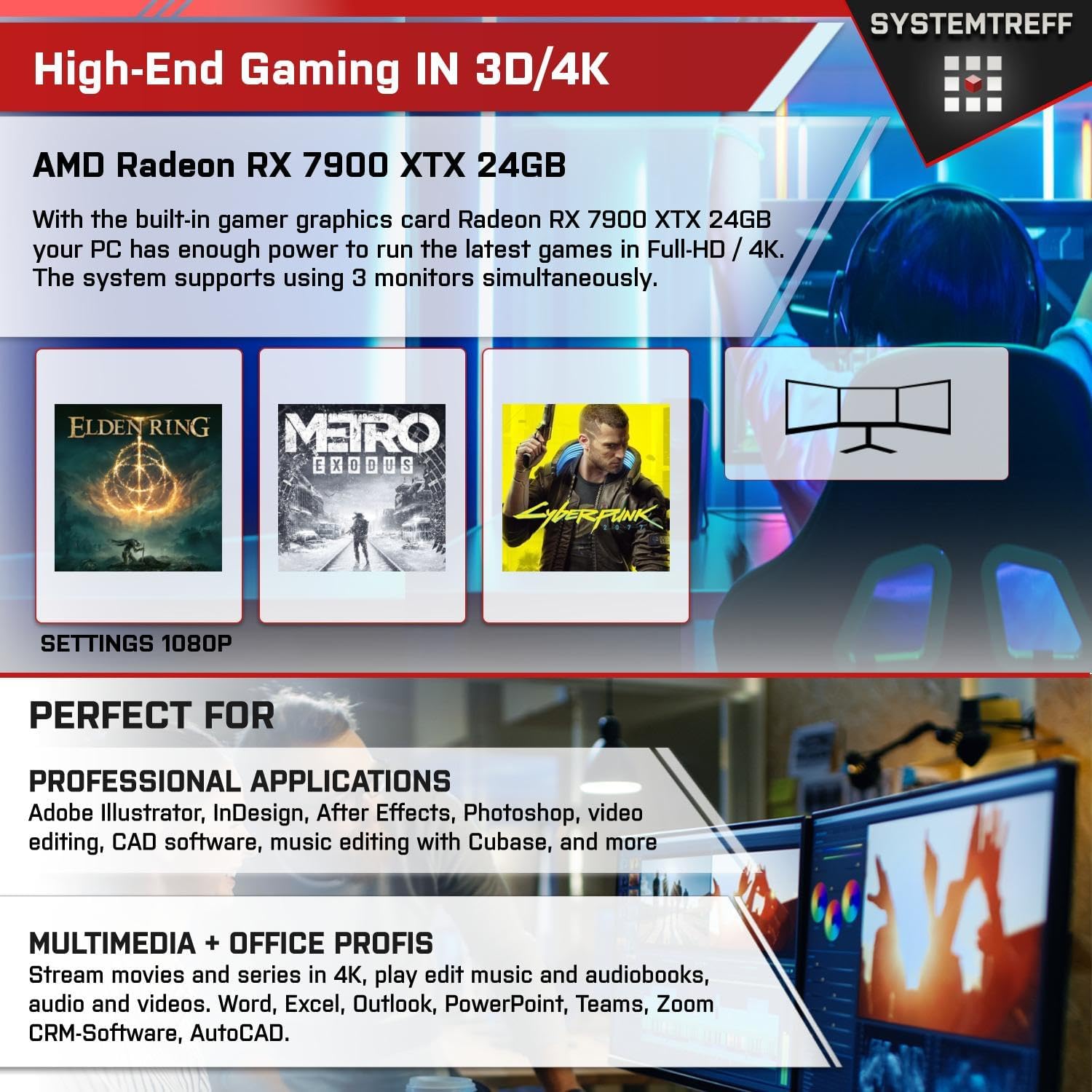 Gaming PC & Laptops - SYSTEMTREFF High-End Gaming PC AMD Ryzen 9 9950X 16 x 5.7GHz AMD Radeon RX 7900 XTX 24GB DX12 1TB M.2 NVMe 32GB DDR5 RAM WLAN Desktop Computer for Gamers, Gamers & Streamers – Bild 5