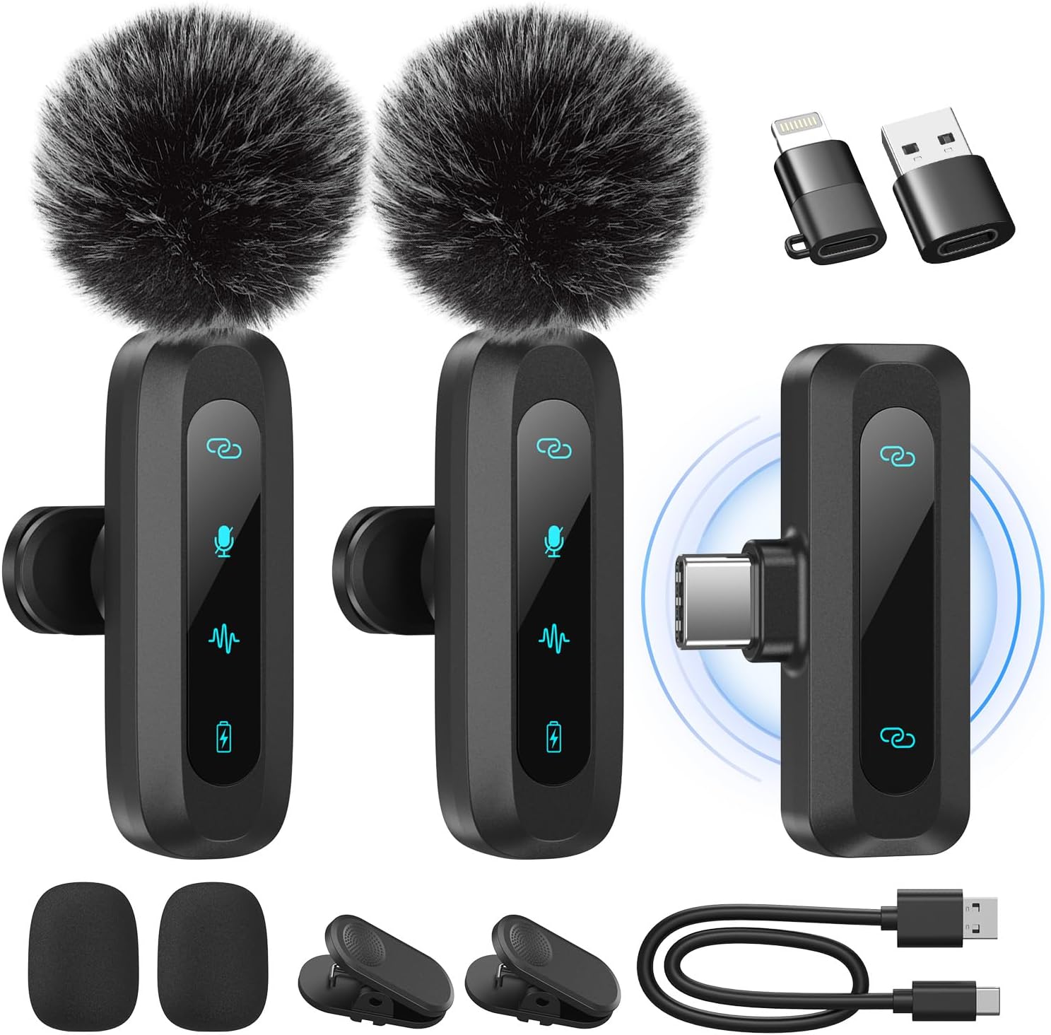 Streaming-Equipment - Wireless Lavalier Microphone for iPhone, iPad, Android Phone, 2-Pack Mini Noise Cancelling Microphone Auto Pairing and Mute and Reverb for Vlogging Video Recording TikTok YouTube
