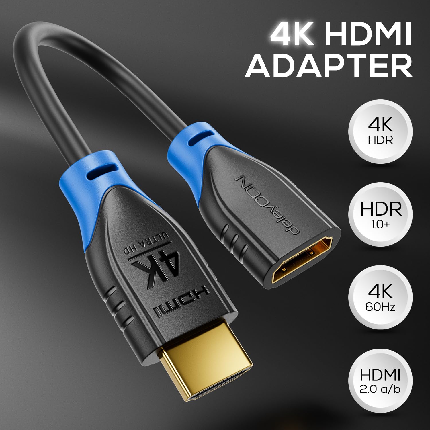 Streaming-Equipment - deleyCON HDMI Extension for TV Stick - HDMI Adapter Cable for Roku Chromecast Streaming - 4K 60Hz HDR10+ for TV Monitor Projector Notebook PC 10 cm Short - Black Blue Pack of 2 – Bild 3