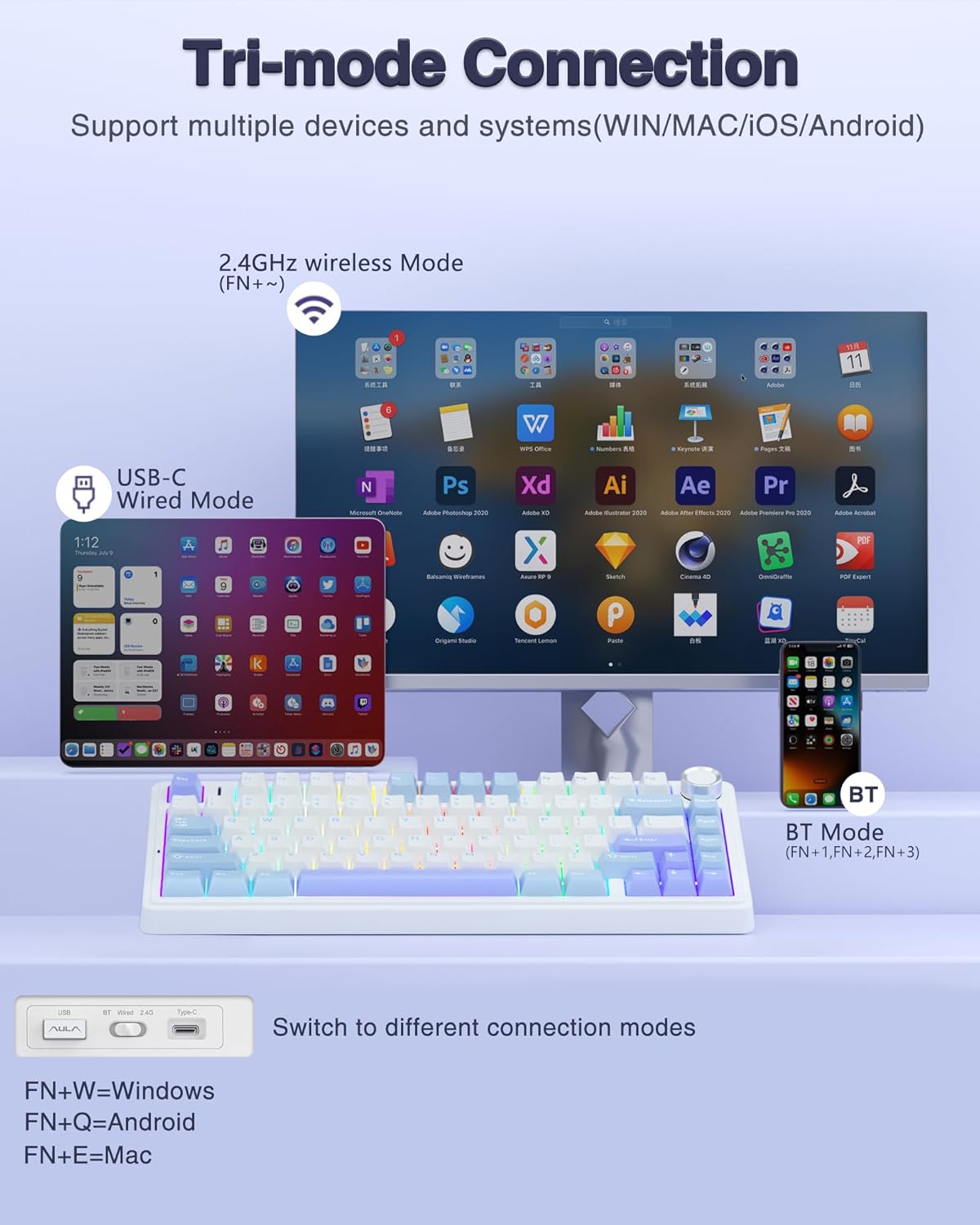 Gaming Tastatur & Maus - AULA F75 Mechanical Keyboard Gaming, 2.4 GHz/Type-C/BT5.0 Mechanical Keyboard with Button, Five Layer Filled Structure, RGB, QWERTY, Hot-Swap, Creamy Wireless Gaming Keyboard 75 Percent (Blue/Purple) – Bild 2