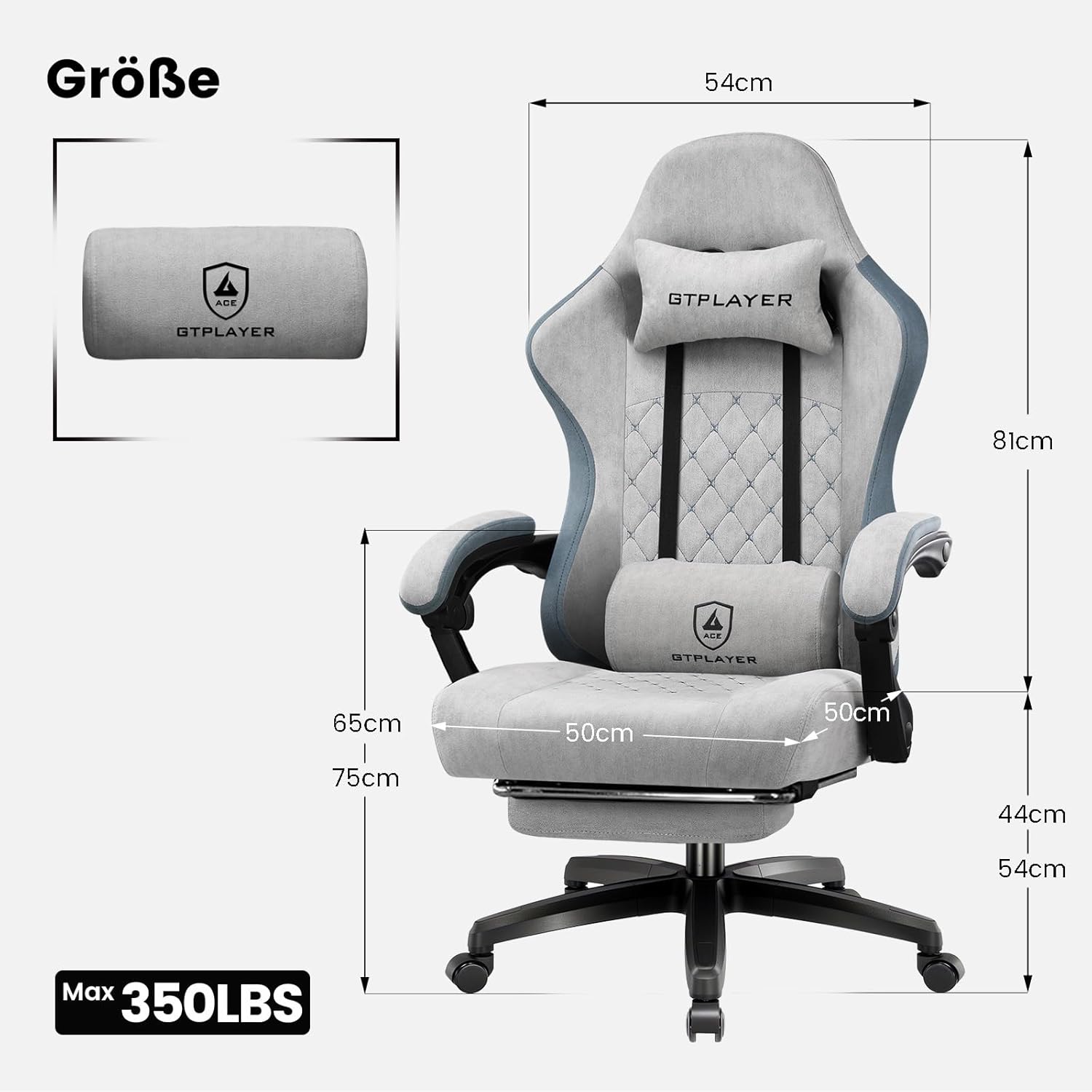 Gaming Chairs - GTPLAYER Gaming Chair Fabric, Gaming Chair with Pocket Spring Cushion, Ergonomic Swivel Chair, Gamer Chair with Footrest, 150 kg Load Capacity, Grey – Bild 2