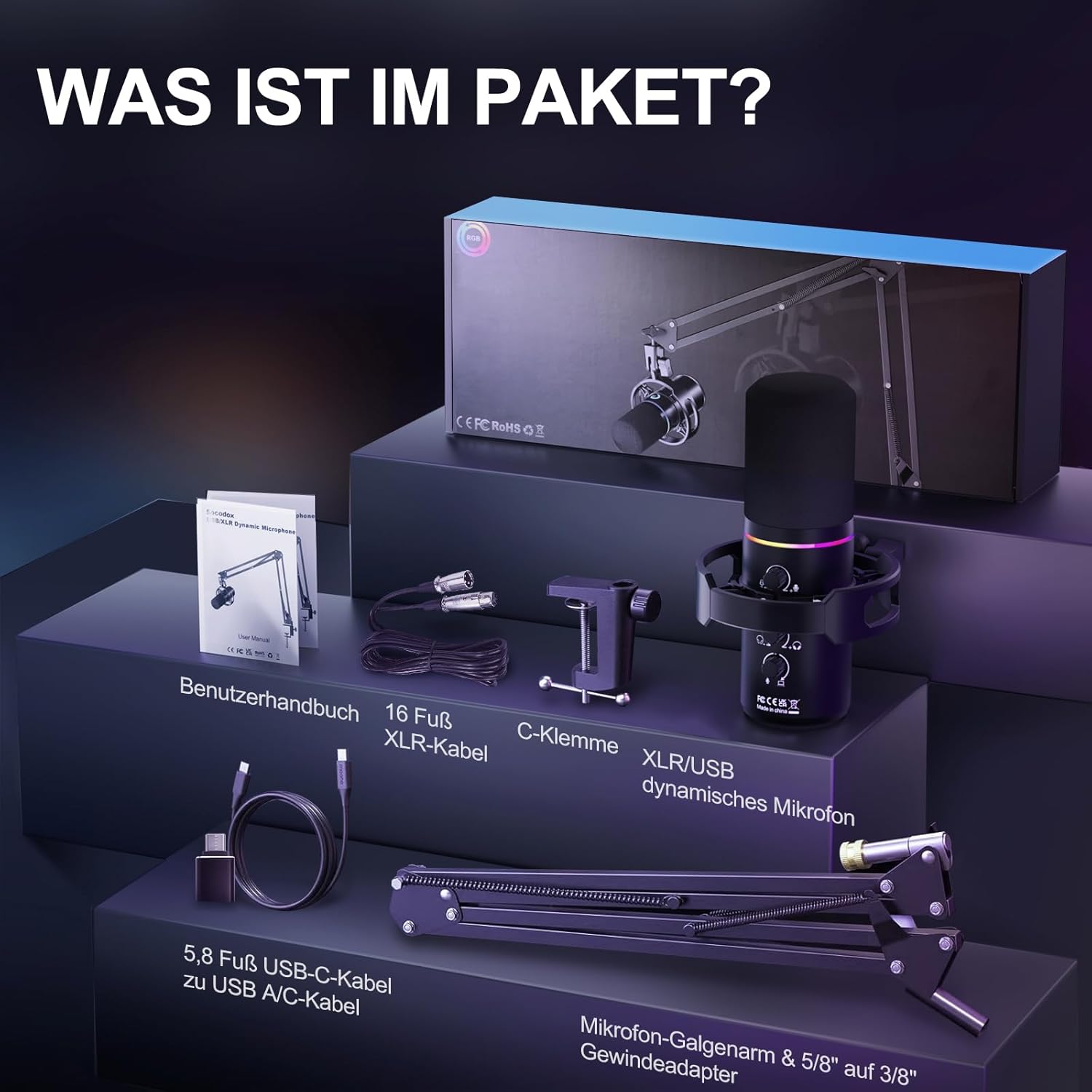 Streaming-Equipment - XLR/USB Dynamic Microphone with Arm, Streaming Microphone with Noise Cancellation, Independent Volume Control, Podcast Microphone for Studio Gaming Recording – Bild 8