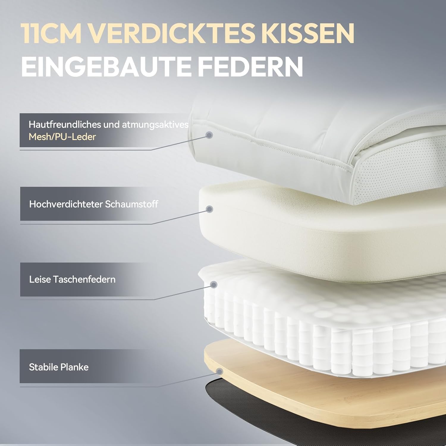 Gaming Chairs - Dowinx Gaming Chair, Office Chair Ergonomic with Pocket Spring Cushion, Executive Chair with Double Layer Soft Backrest and Adjustable Lumbar Cushion, Armrests and Footrest, PC Chair (PU, White) – Bild 4