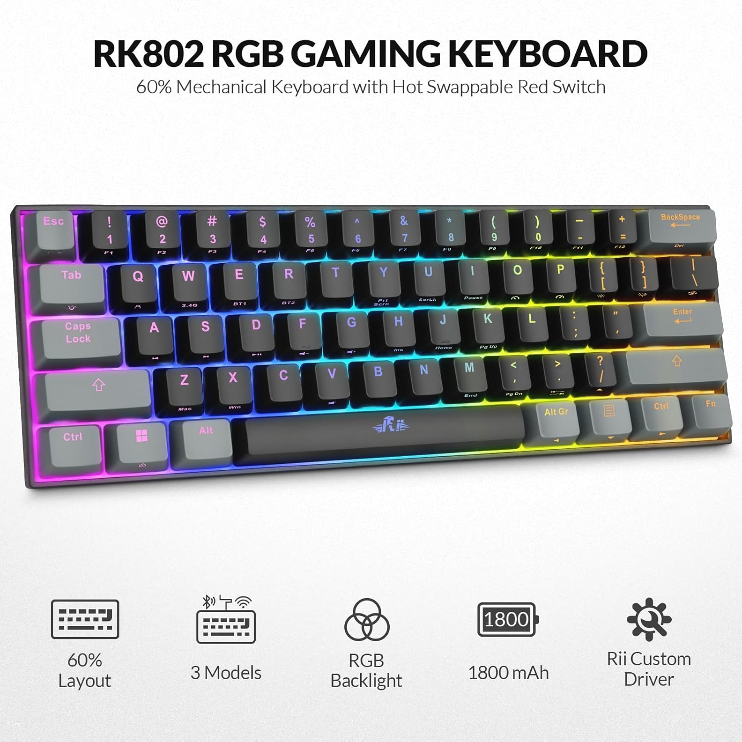 Gaming Tastatur & Maus - Rii Gaming Keyboard, 60% Mechanical Gaming Keyboard, Rechargeable RGB Keyboard with Bluetooth/Wired USB-C/2.4GHz, Linear Red Switch, PBT Keycaps, QMK/VIA for – Bild 2