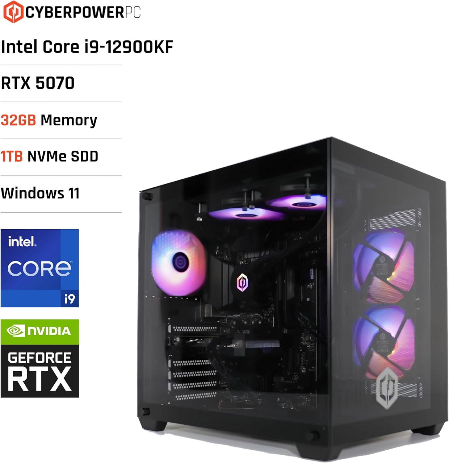 Gaming PC & Laptops - CYBERPOWERPC Luxe Gaming PC - Intel Core i9-12900KF, Nvidia RTX 5070 12GB, 32GB RAM, 1TB NVMe SSD, 750W 80+ PSU, Water Cooling, Windows 11, Ark RGB – Bild 2