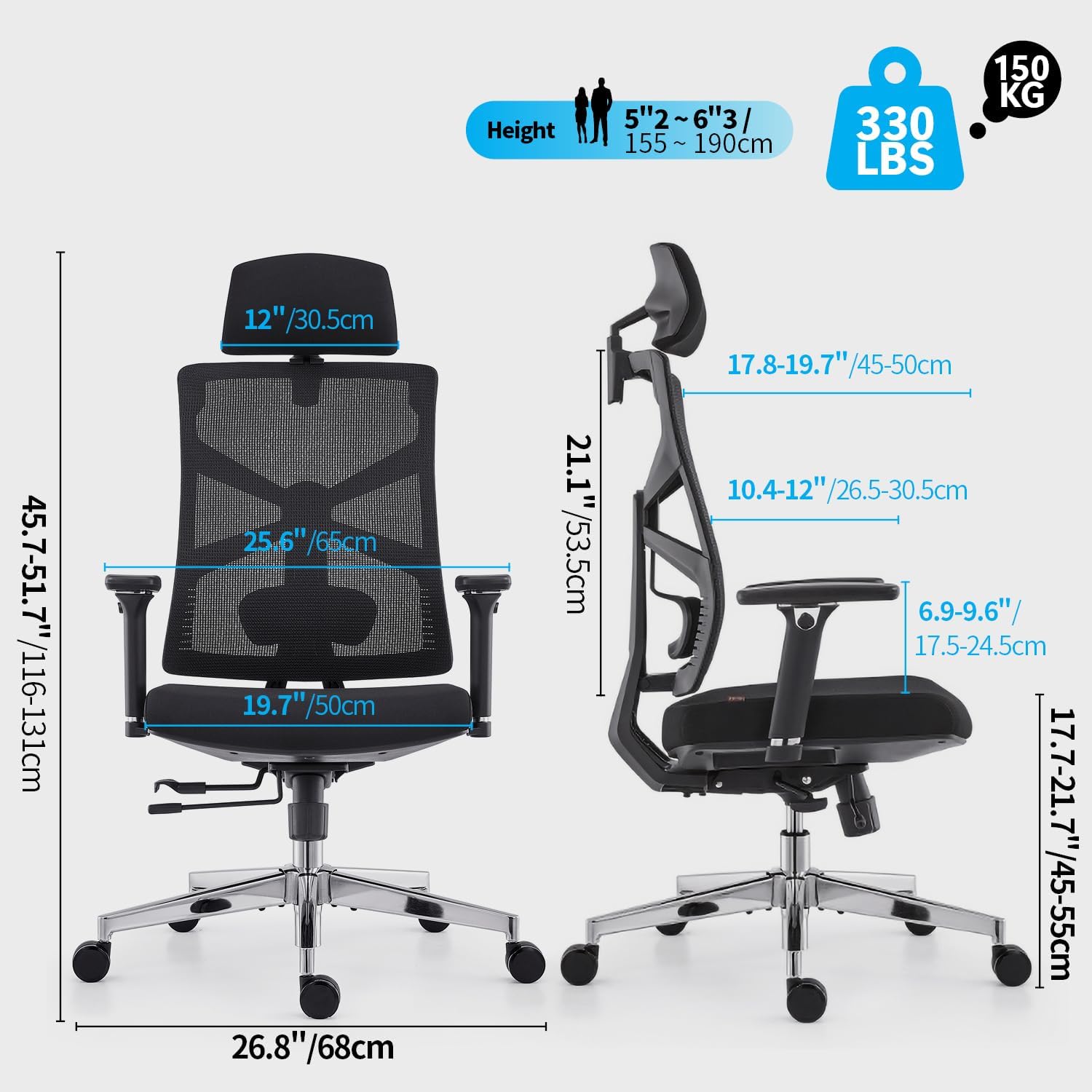 Gaming Chairs - Ergonomic Office Chair with Adaptive Backrest, Desk Chair with 4D Armrests, Adjustable Seat Depth, Lumbar Support and 2D Headrest, Breathable Mesh Executive Chair, Black – Bild 3