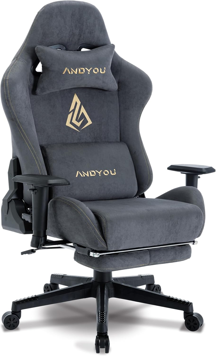 Gaming Chairs - Andyou Gaming Chair, Luxury Faux Suede Gaming Chair, Ergonomic Office Chair, Breathable Desk Chair, PC Chair with Footrest, Pillow and Armrests, 200 kg, Grey