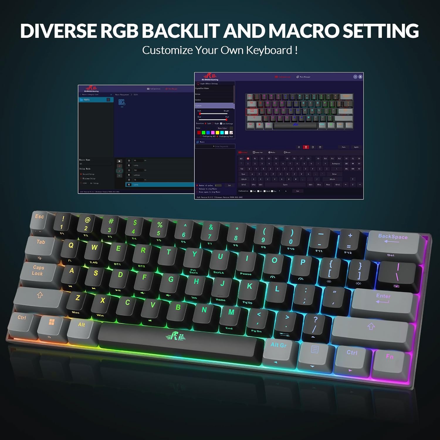 Gaming Tastatur & Maus - Rii Gaming Keyboard, 60% Mechanical Gaming Keyboard, Rechargeable RGB Keyboard with Bluetooth/Wired USB-C/2.4GHz, Linear Red Switch, PBT Keycaps, QMK/VIA for – Bild 9