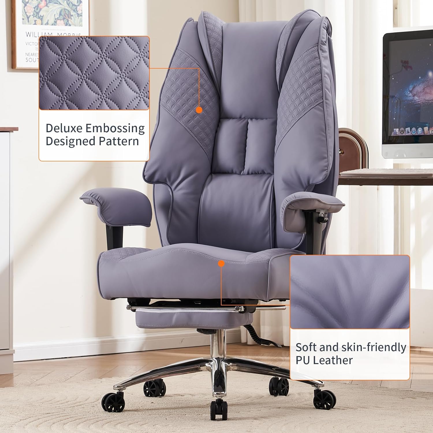 Gaming Chairs - XXL Ergonomic Office Chair, Executive Chair with High Backrest, Adjustable Armrests and Wide Seat, PU Leather Swivel Chair, Height-Adjustable Desk Chair, Maximum Load 200 kg (Light Purple) – Bild 5