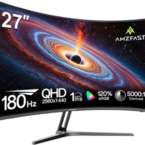 Gaming PC & Gaming Monitors – Amzfast Curved Gaming Monitor 27 Inch – 180Hz, QHD 2560 x 1440, 1ms, Adaptive Sync, 90% DCI-P3 | 5000:1 Contrast, HDR10, 300 cd/m², VESA, HDMI 2.0 × 2, DP 1.2 × 2 – AMZG27C1Q