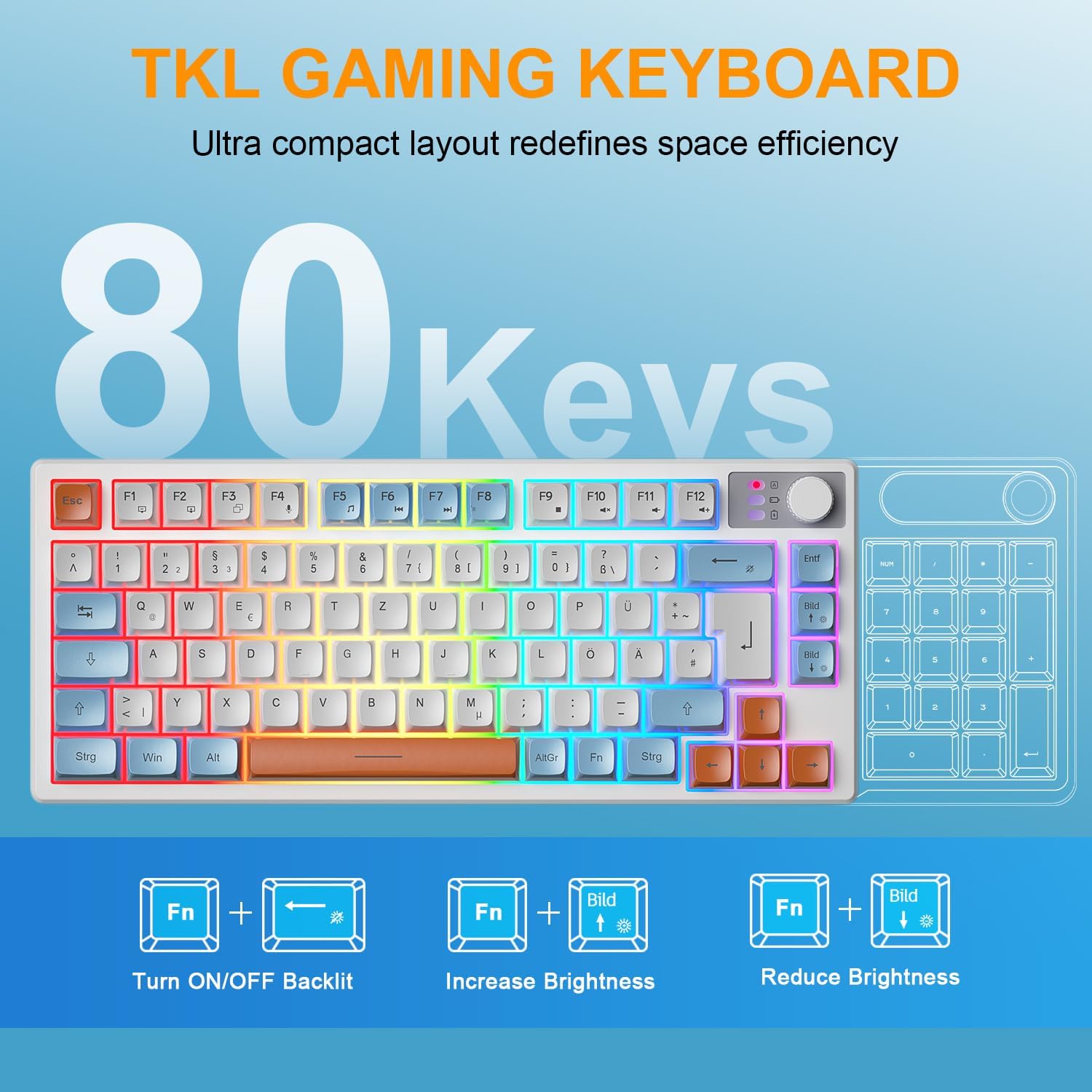 Gaming Tastatur & Maus - 75% Wireless Keyboard and Mouse Set, QWERTZ DE Layout, Compact Gaming Keyboard with Volume Control, Rechargeable RGB Mouse with Battery Indicator, for PC, Mac, Xbox, PS5 – Bild 2