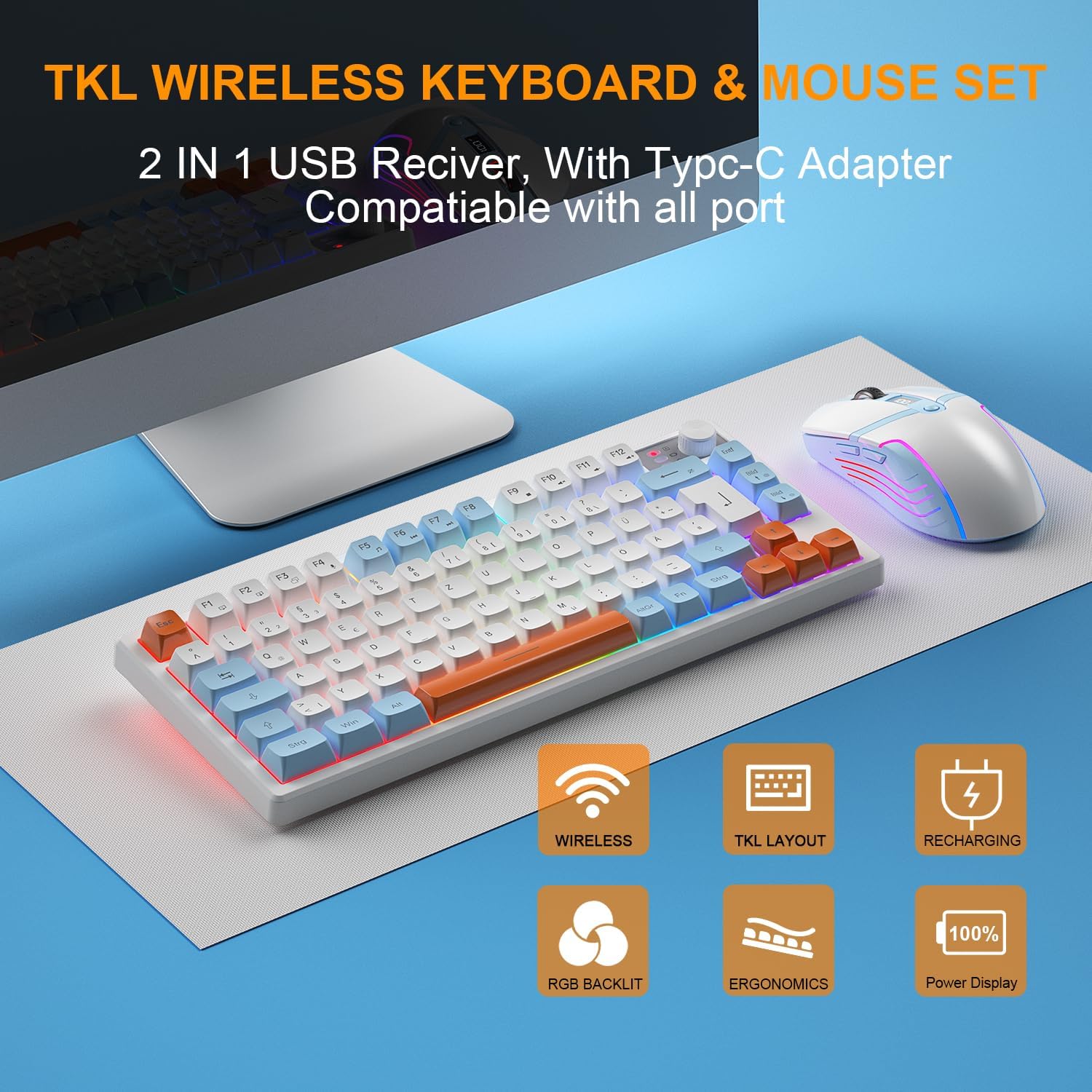 Gaming Tastatur & Maus - 75% Wireless Keyboard and Mouse Set, QWERTZ DE Layout, Compact Gaming Keyboard with Volume Control, Rechargeable RGB Mouse with Battery Indicator, for PC, Mac, Xbox, PS5 – Bild 7