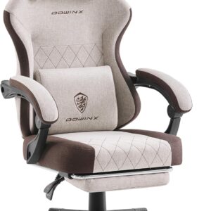 Gaming Chairs – Dowinx Gaming Chair Fabric with Spring Cushion, Massage Lumbar Support, Office Chair with Footrest for Adults, Ergonomic Gaming Armchair, Large and High for Office Gaming, 135 kg, Brown