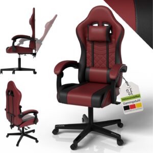 Gaming Chairs – Juskys Gaming Chair – PC Chair & Office Chair in One, Ergonomic, Adjustable Backrest, Height Adjustable, Faux Leather Gaming Chair Bordeaux/Black