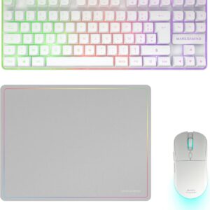 Gaming Tastatur & Maus – Mars Gaming MCPWTKL, Wireless Gaming Combo, DualPro Link 2.4GPRO Technology, TKL FRGB Rainbow Keyboard + RGB 3200DPI Mouse with HUANO Switches + Non-Slip 360 x 260 mm Mouse Mat, White, French