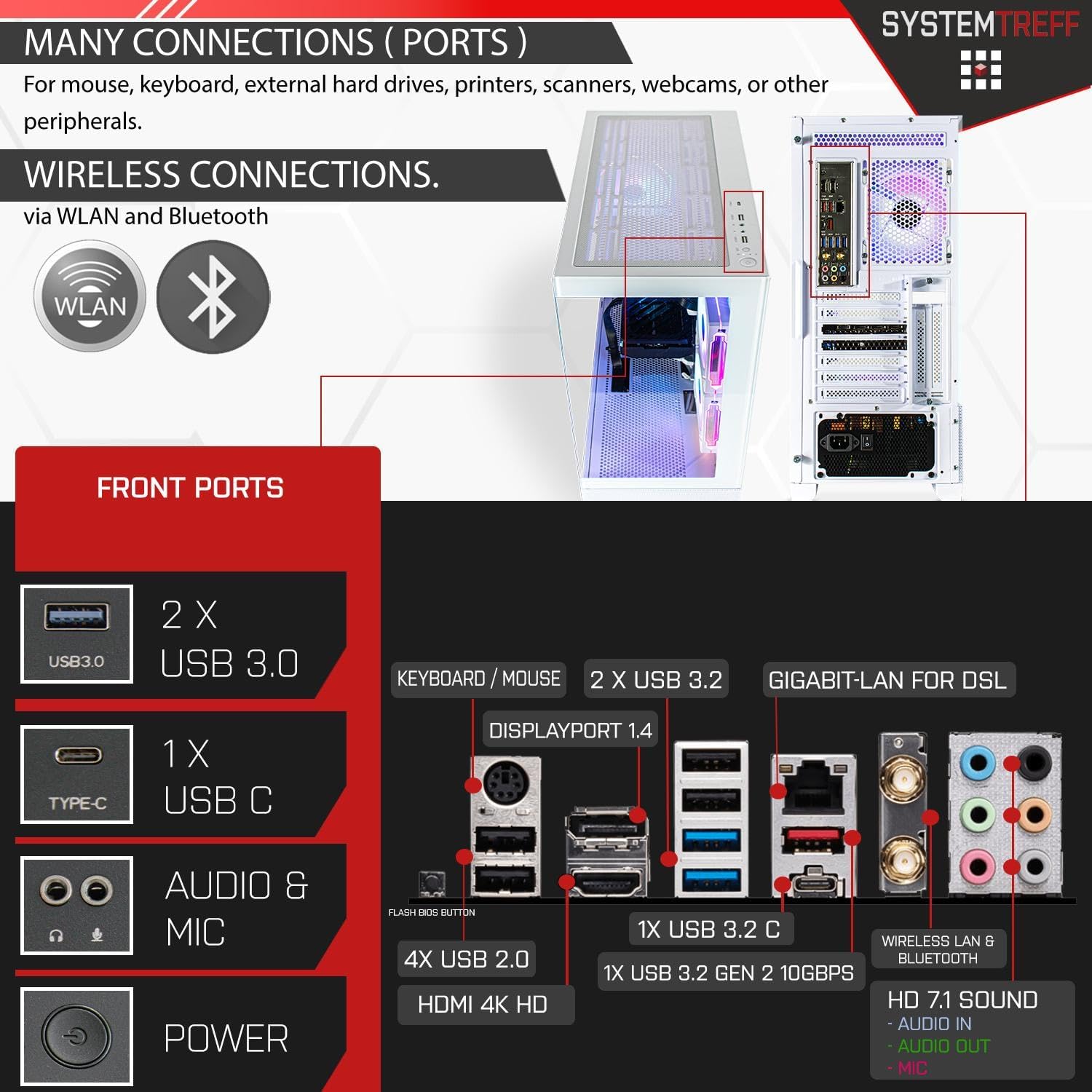 Gaming PC & Laptops - SYSTEMTREFF High-End Gaming PC White Intel Core i7-12700KF 12x5GHz | Nvidia RTX 4070 12GB DX12 | 1TB M.2 NVMe | 32GB DDR5 RAM | WLAN Desktop Computer Calculator for Gamers, Gamers & Streamers – Bild 4